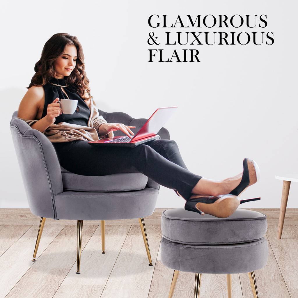 La Bella Scalloped Velvet-Style Armchair with Round Ottoman – Grey