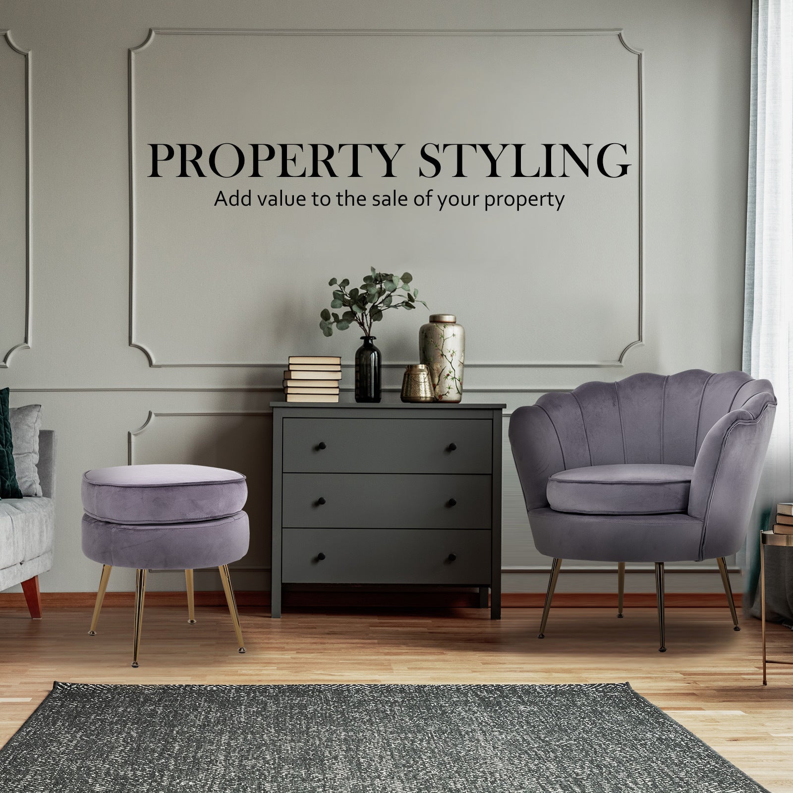 La Bella Scalloped Velvet-Style Armchair with Round Ottoman – Grey