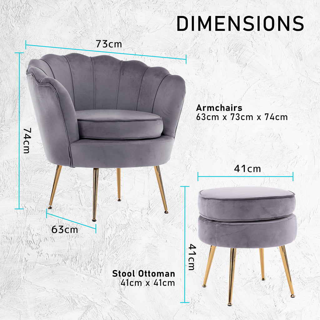 La Bella Scalloped Velvet-Style Armchair with Round Ottoman – Grey