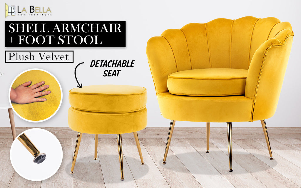 La Bella Scalloped Velvet-Style Armchair with Round Ottoman – Yellow