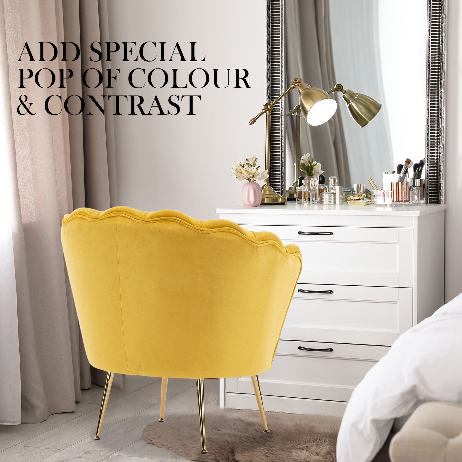 La Bella Scalloped Velvet-Style Armchair with Round Ottoman – Yellow