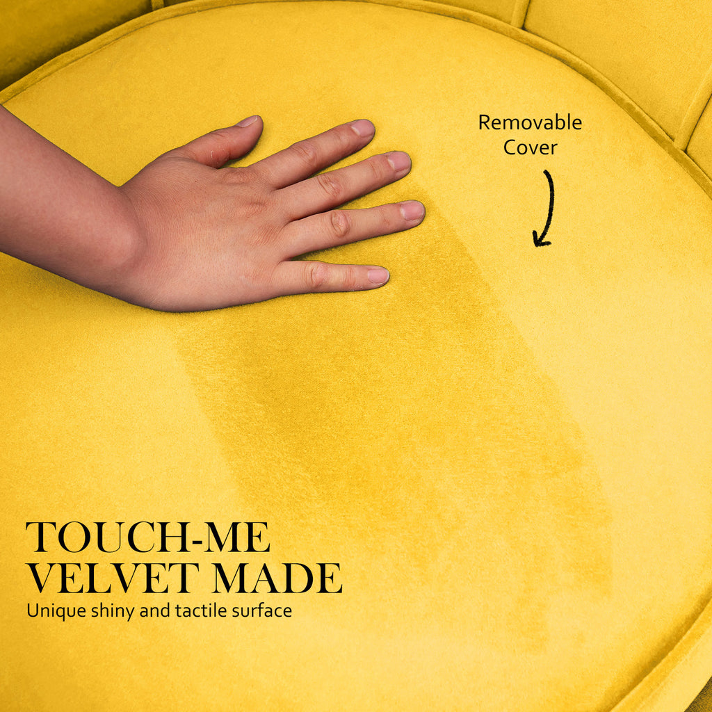 La Bella Scalloped Velvet-Style Armchair with Round Ottoman – Yellow