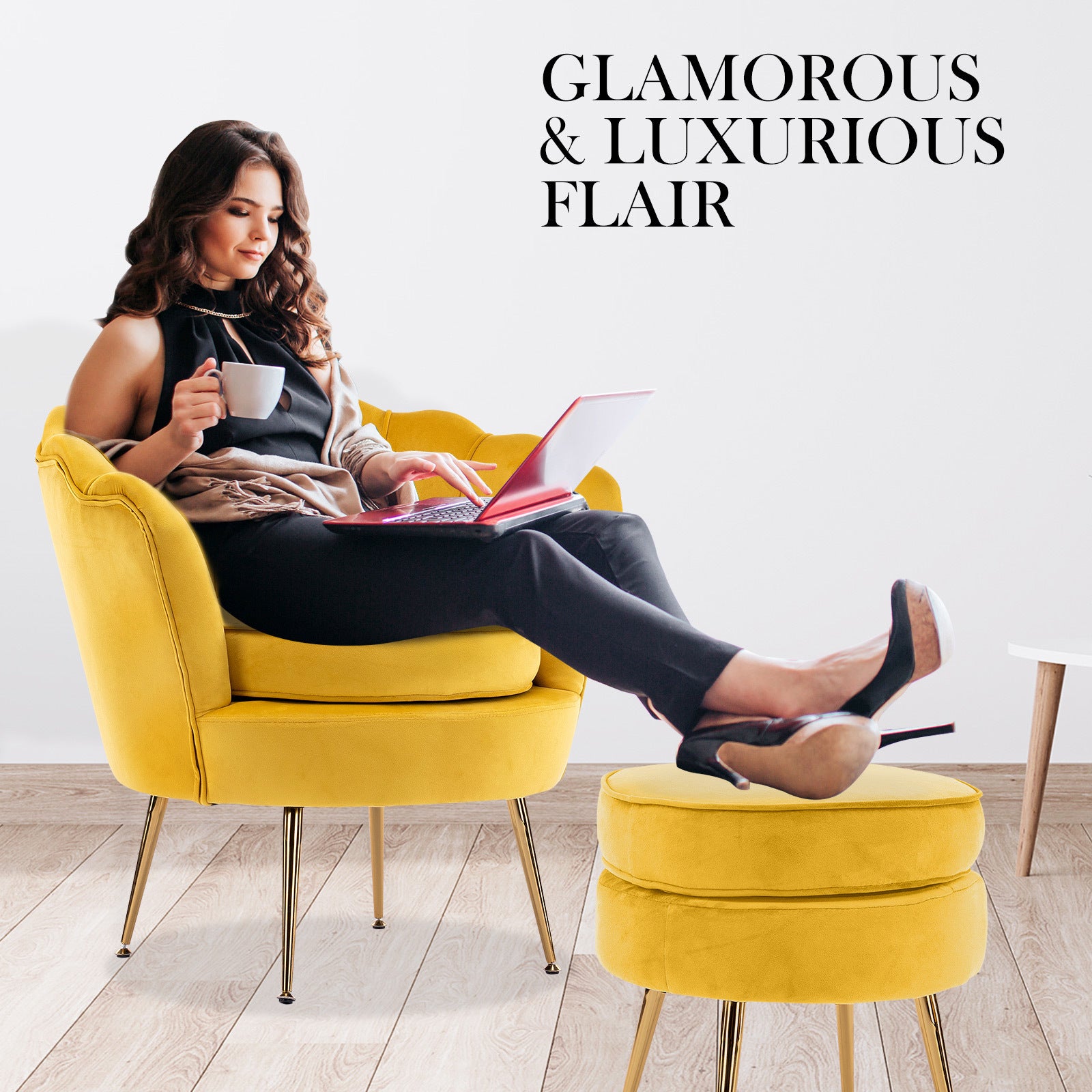 La Bella Scalloped Velvet-Style Armchair with Round Ottoman – Yellow