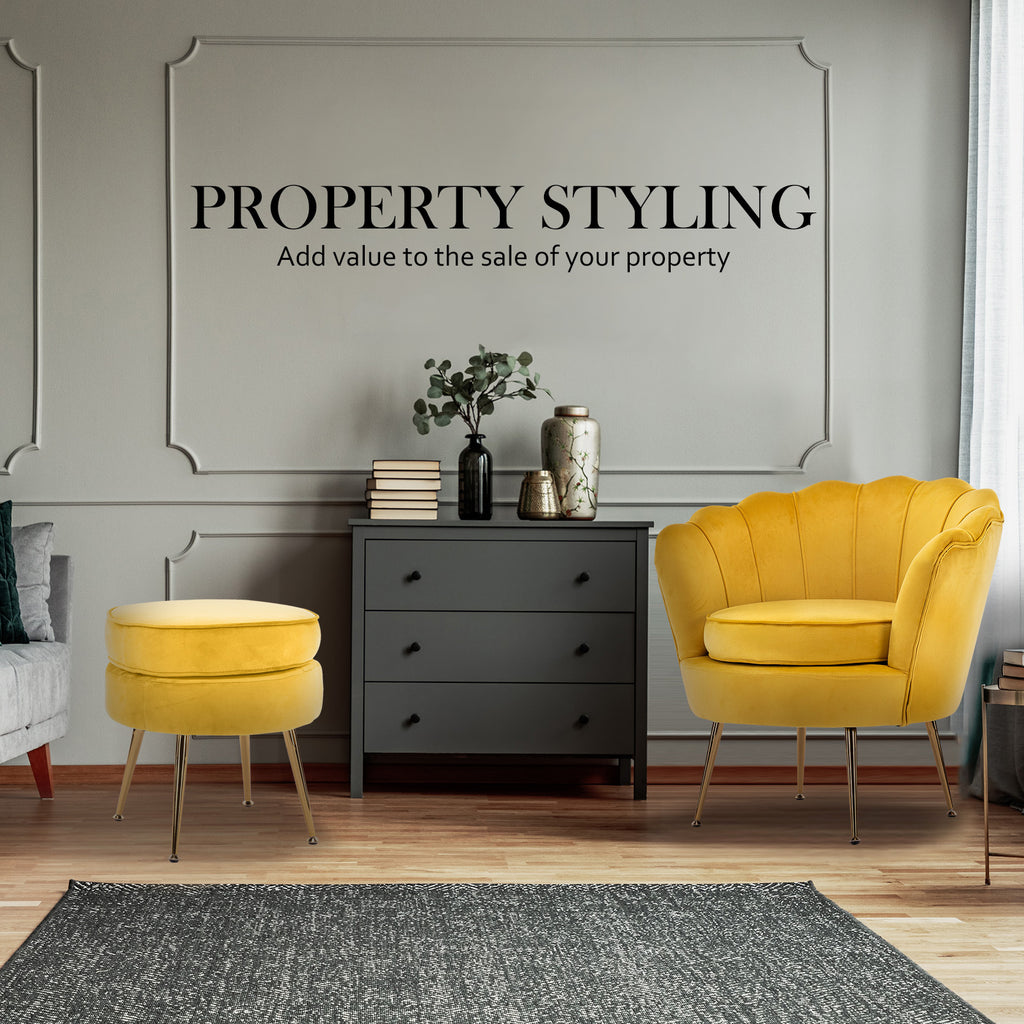 La Bella Scalloped Velvet-Style Armchair with Round Ottoman – Yellow