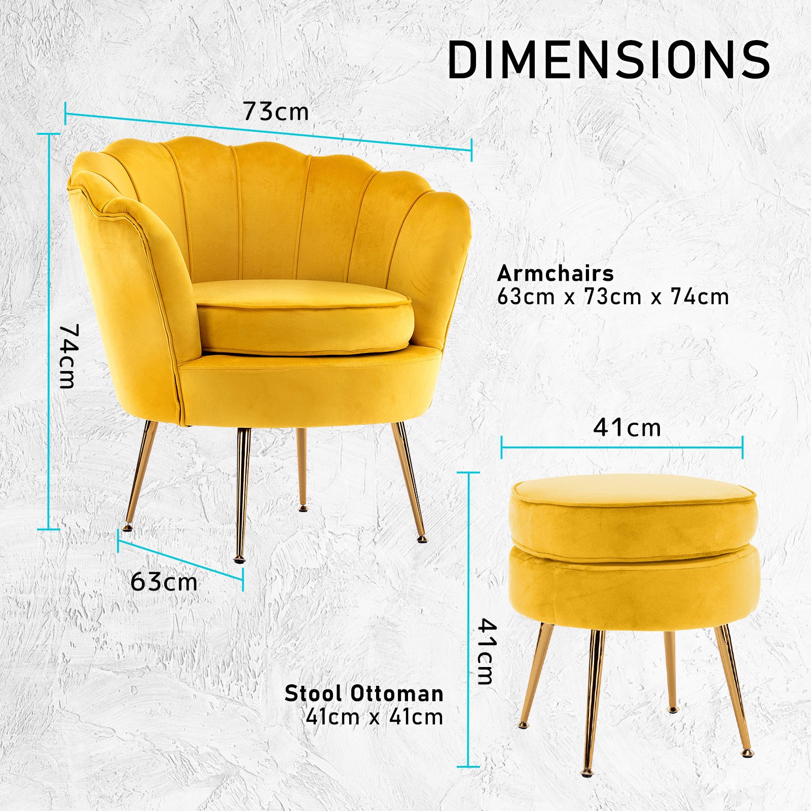 La Bella Scalloped Velvet-Style Armchair with Round Ottoman – Yellow