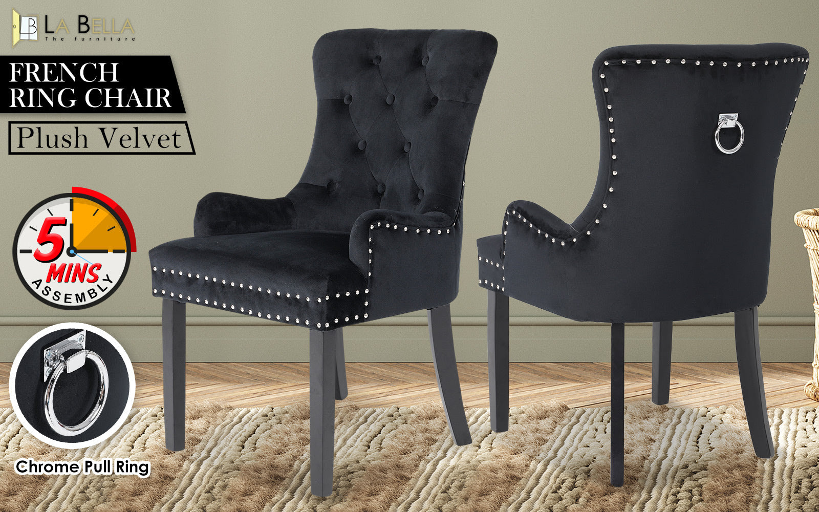 La Bella Lisse Velvet Dining Chair – Black