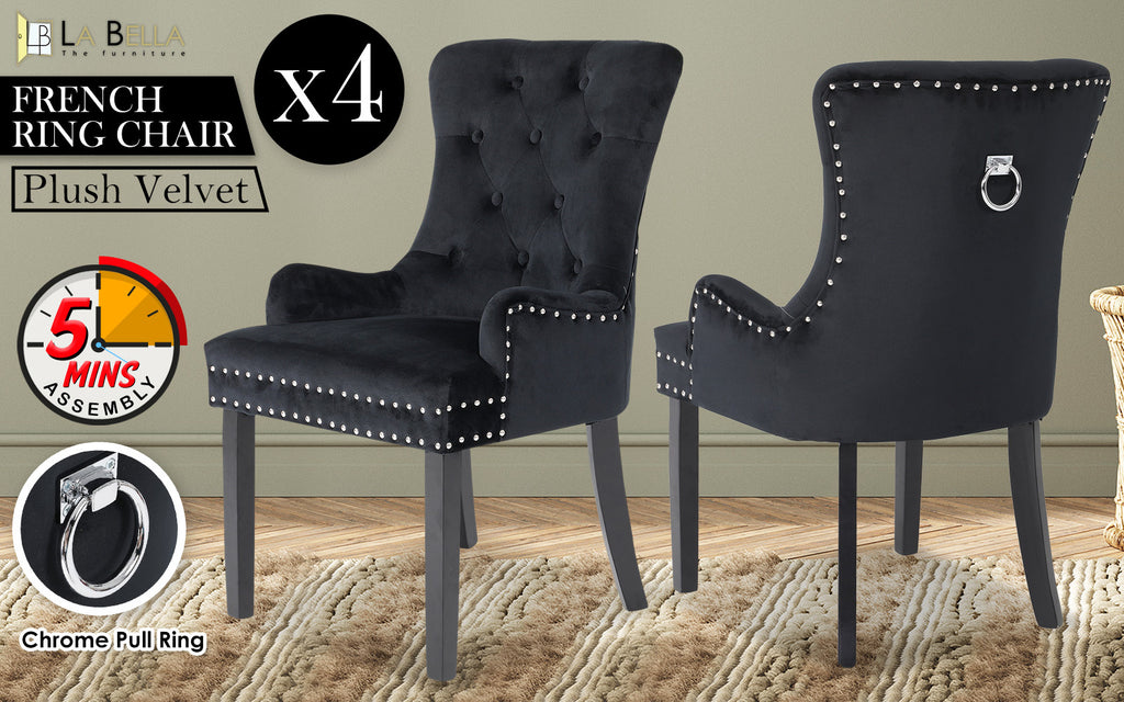 La Bella Lisse Velvet Dining Chairs, Set of 4 – Black