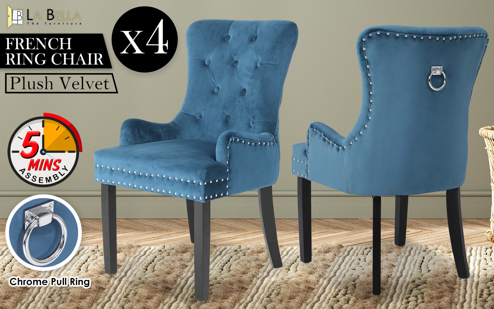 La Bella Lisse Velvet Dining Chairs, Set of 4 – Navy Blue