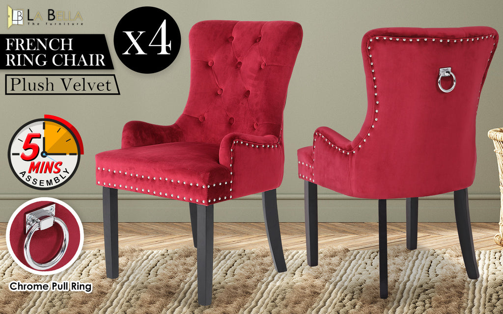 La Bella Lisse Velvet Dining Chairs, Set of 4 – Bordeaux Red