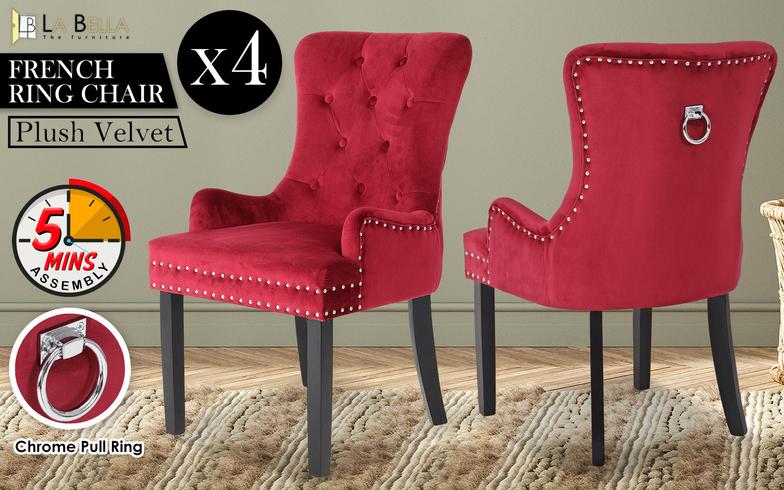 La Bella Lisse Velvet Dining Chairs, Set of 4 – Bordeaux Red