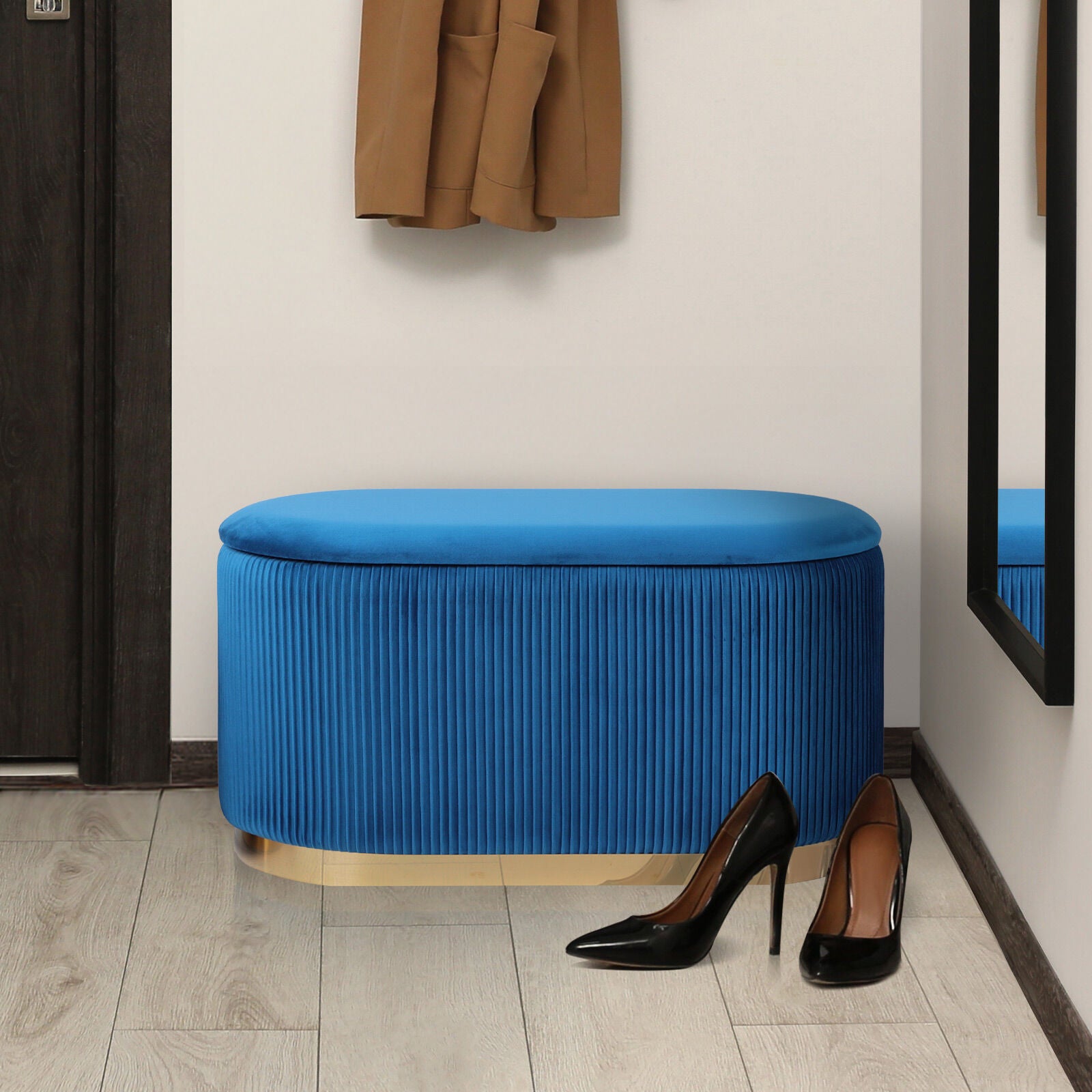 3 Piece Set Storage Ottoman - Blanket Box Velvet Padded Bench Stool FAYE BLUE