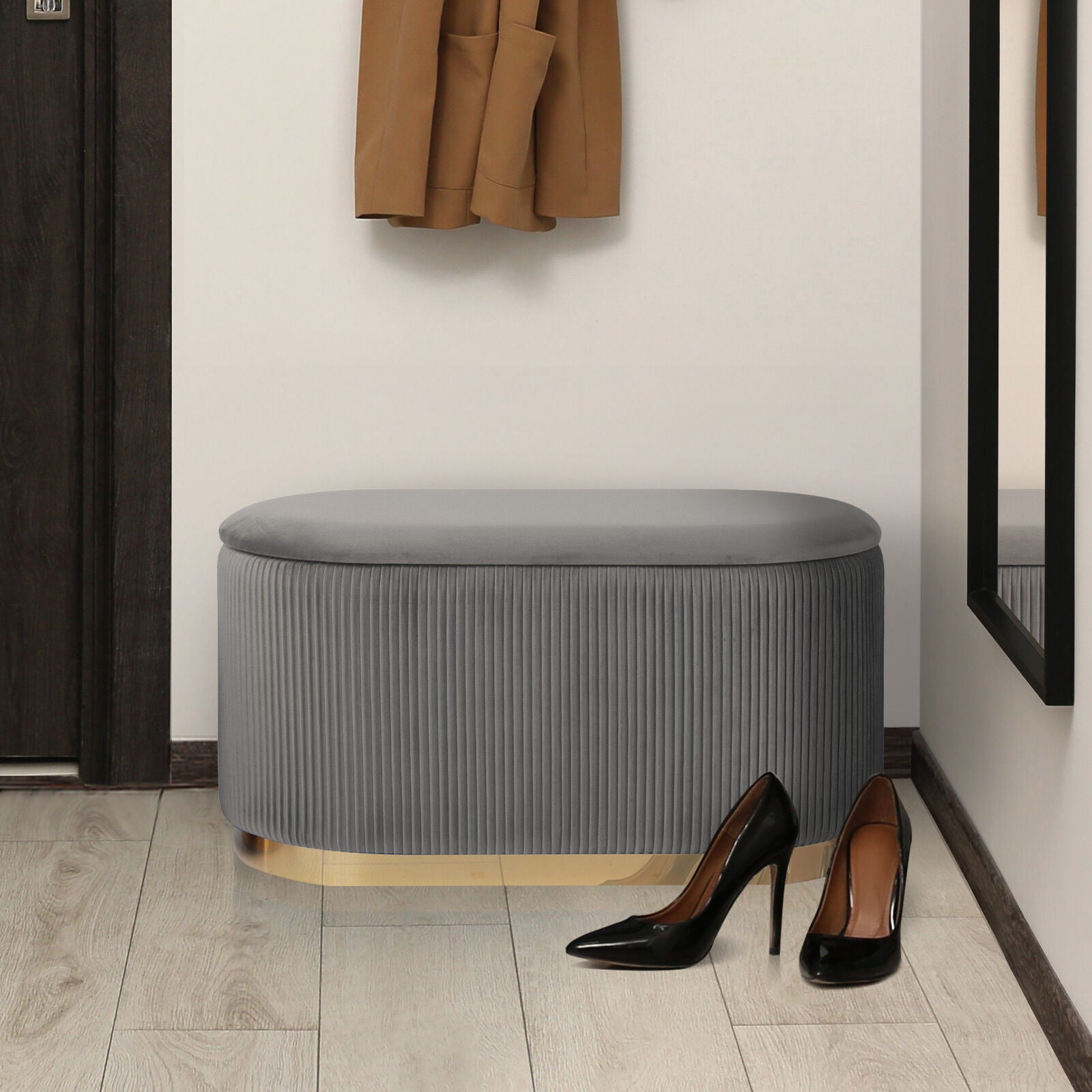3 Piece Set Storage Ottoman - Blanket Box Velvet Padded Bench Stool FAYE GREY