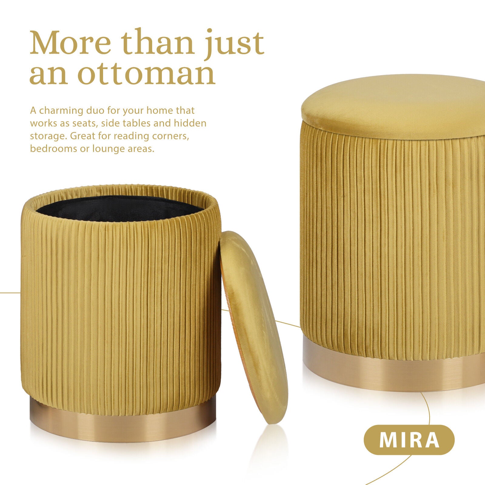 2X Side Table Storage Ottoman - Velvet Stool MIRA Mustard