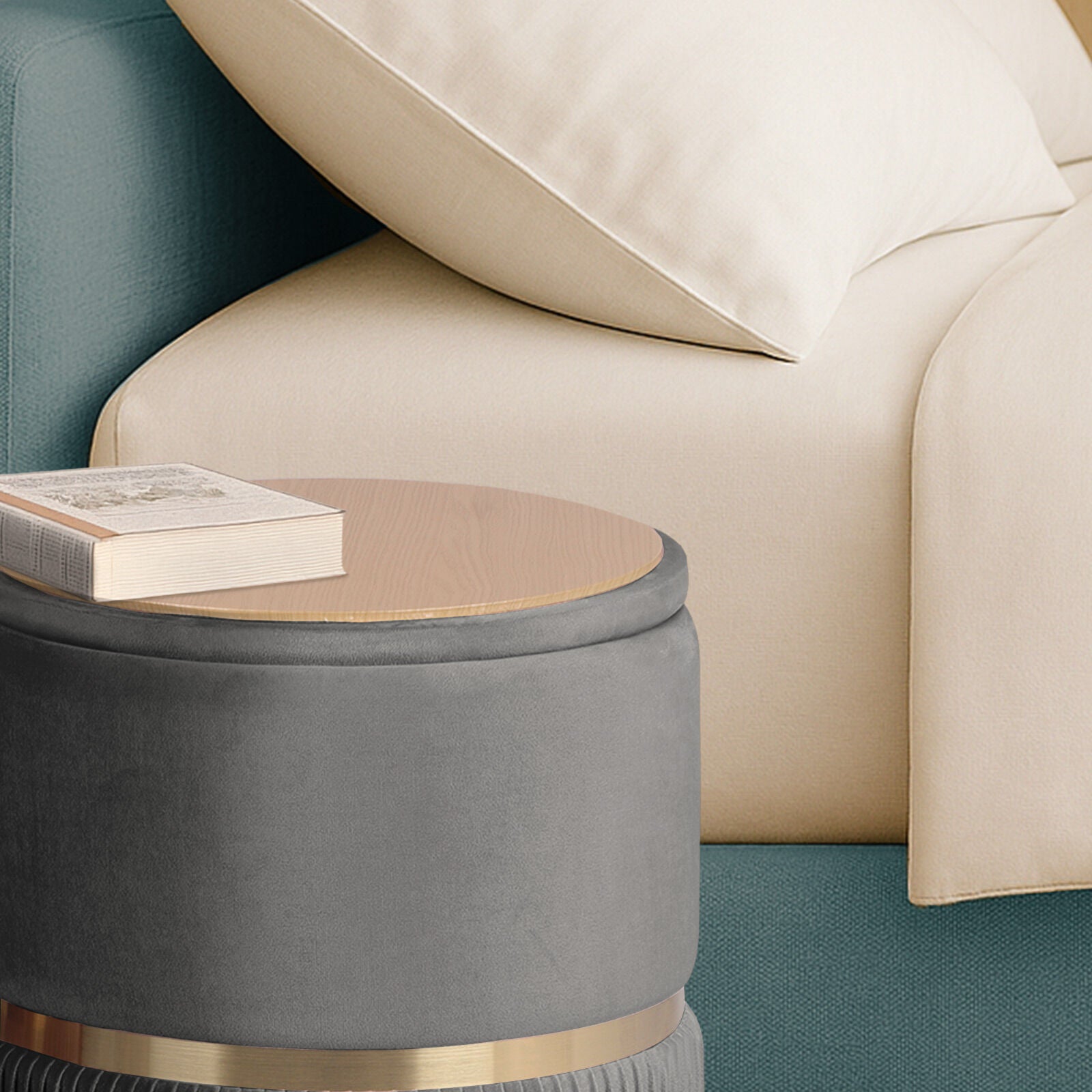 2X Side Table Storage Ottoman - Velvet Padded Stool Vanity Footstool REMI GREY