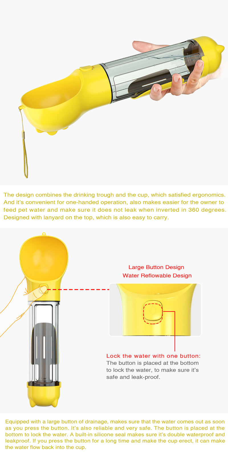 YES4PETS 4-in-1 Portable Pet Water & Food Bottle 500ml – Yellow