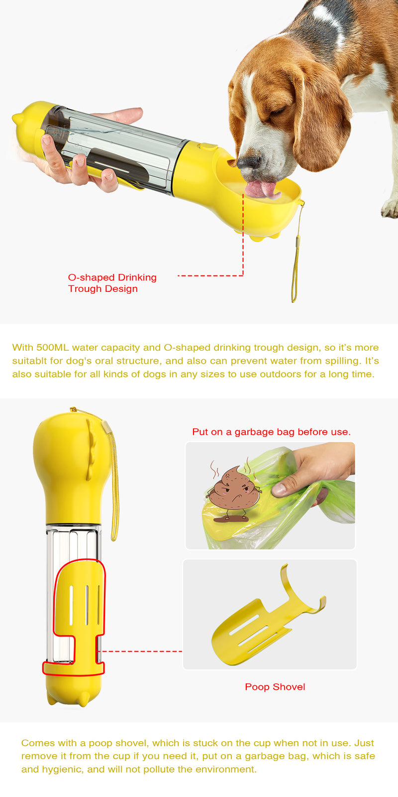 YES4PETS 4-in-1 Portable Pet Water & Food Bottle 500ml – Yellow