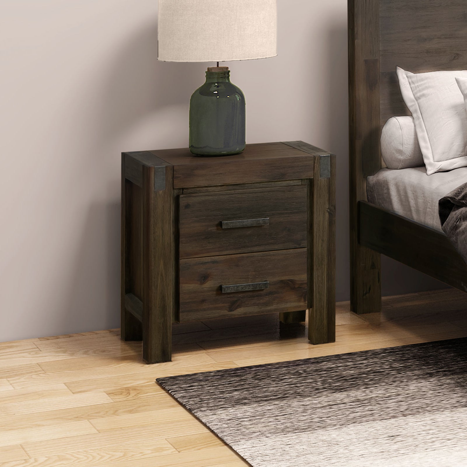 Nowra 2-Drawer Acacia Bedside Table – Chocolate