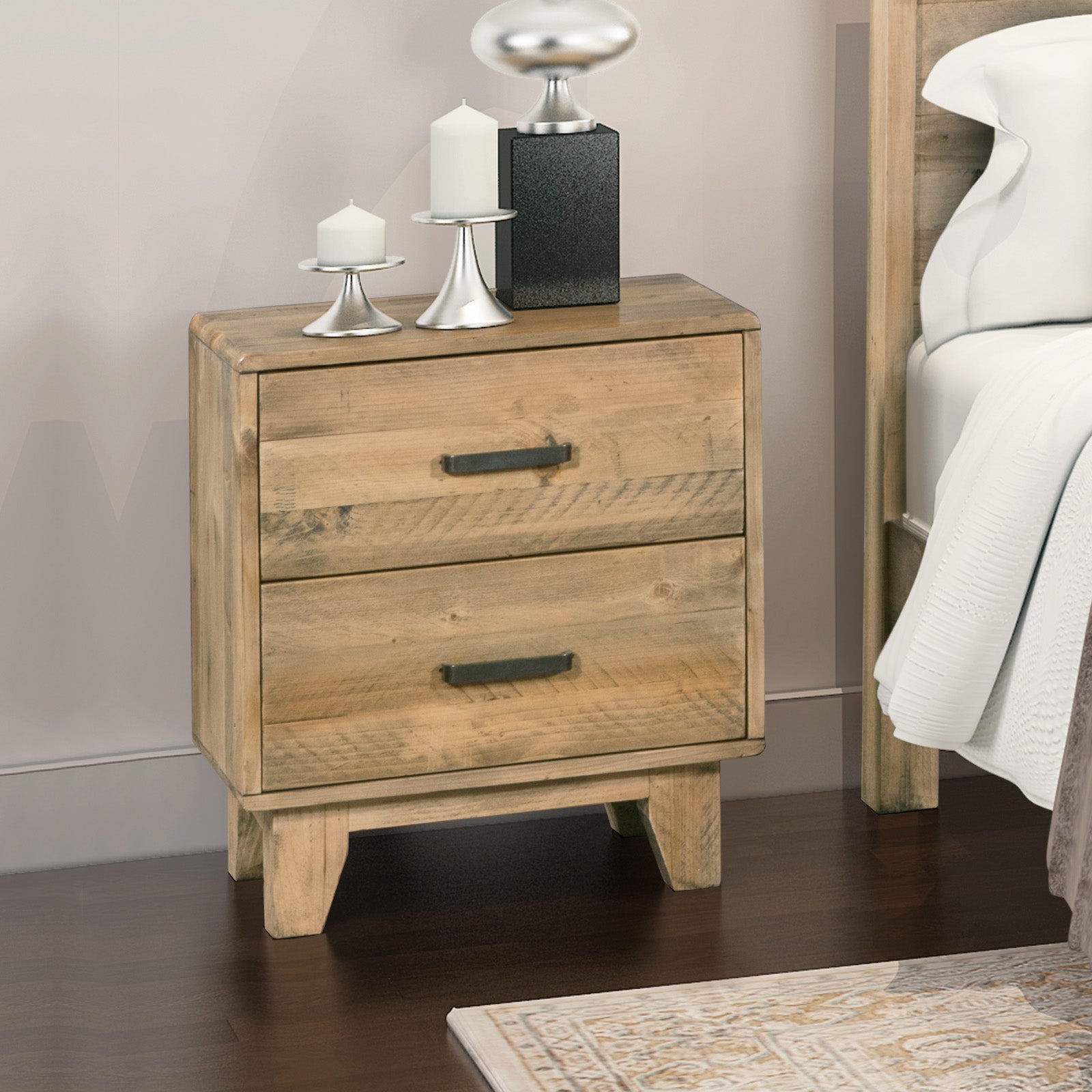 Woodland 2-Drawer Pine-Plywood Bedside Table – Light Brown