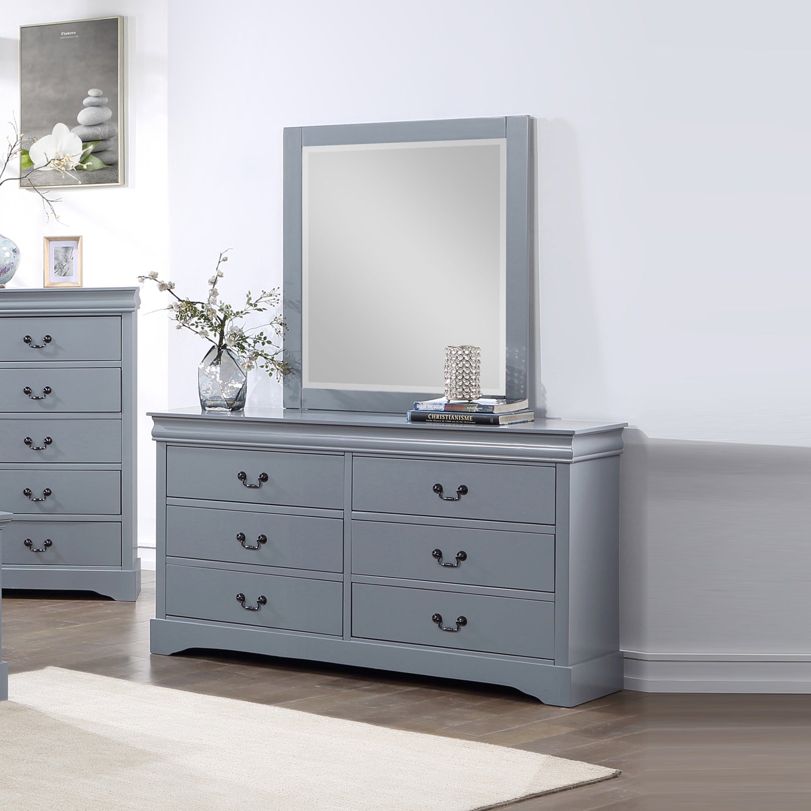 Spencer Six-Drawer Dresser with Mirror – Grey