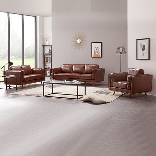 York 3+2+1 Brown Upholstered Sofa Suite with Timber Legs