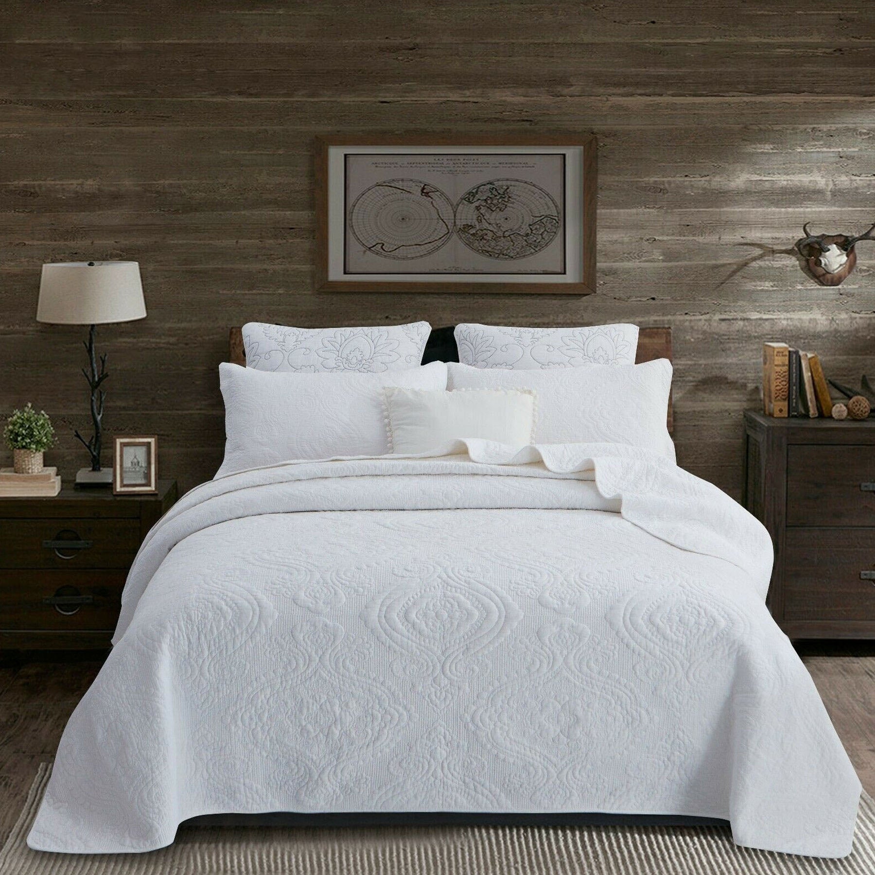 Damask Cotton Coverlet Set – White, Queen