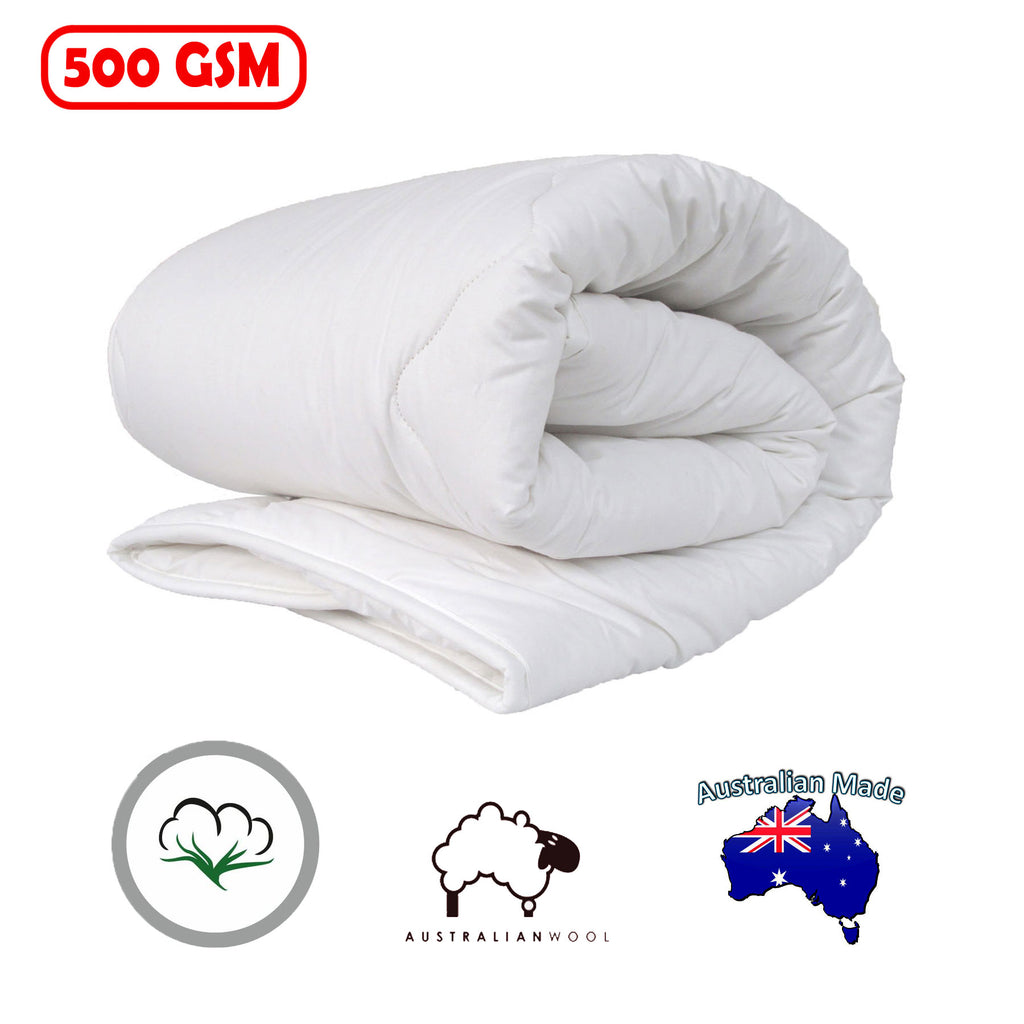 Australian Wool Cot Quilt with Cotton Sateen Cover – 500GSM