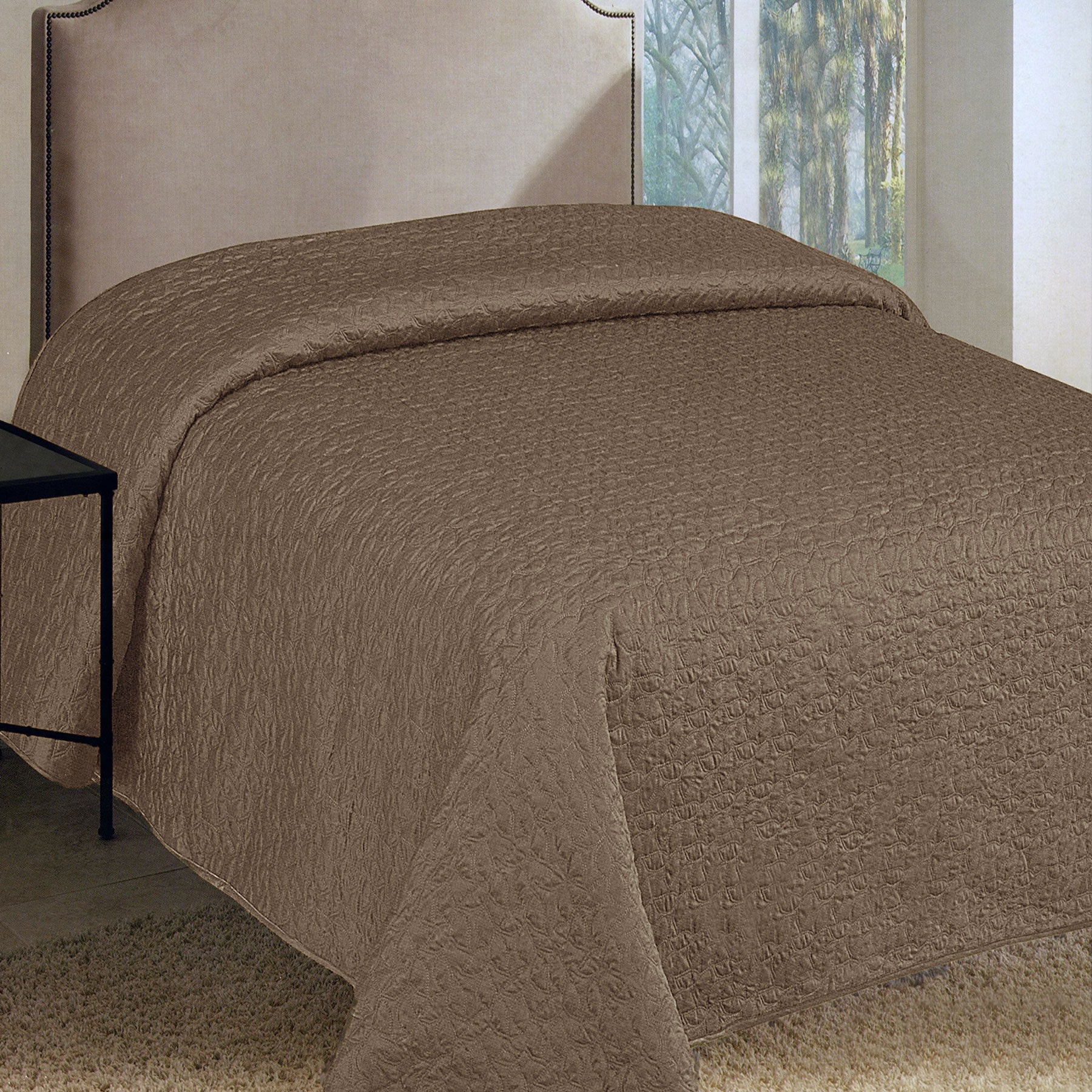 Faux Silk Embroidered Coverlet – Coffee, Queen