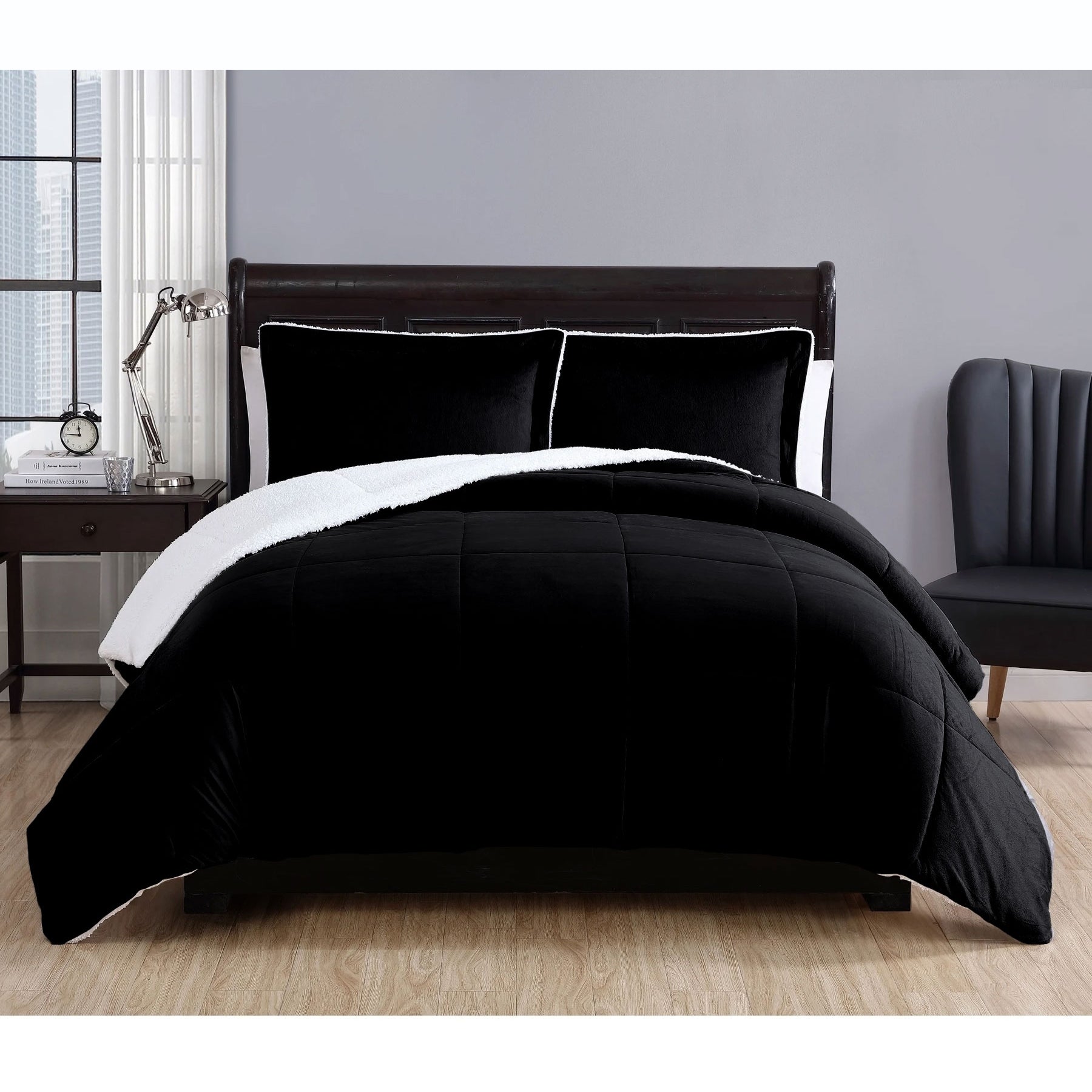 Reversible Micro Mink Comforter Set – Black, Queen, 3 Piece