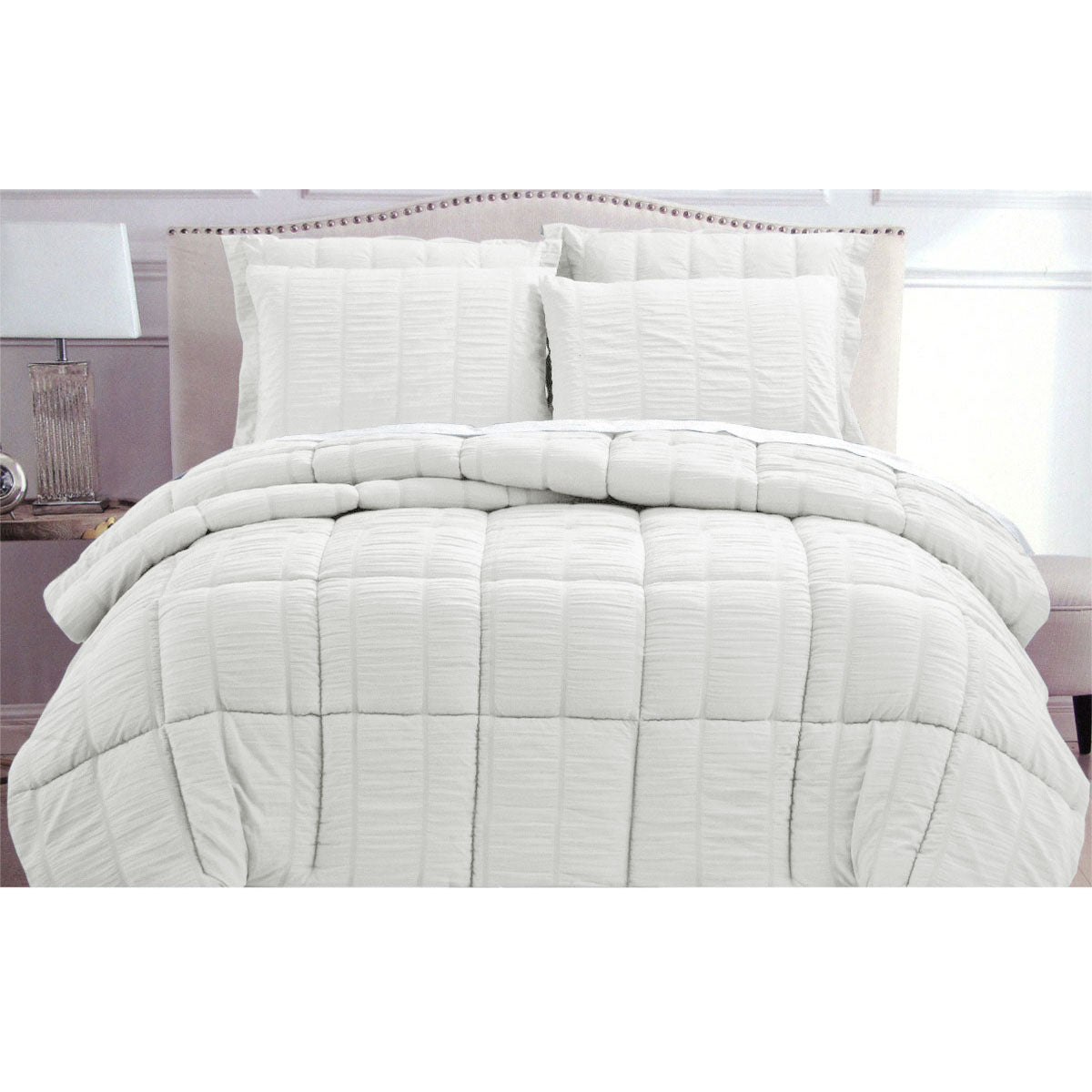 Hotel Living Seersucker Comforter Set – Queen, White