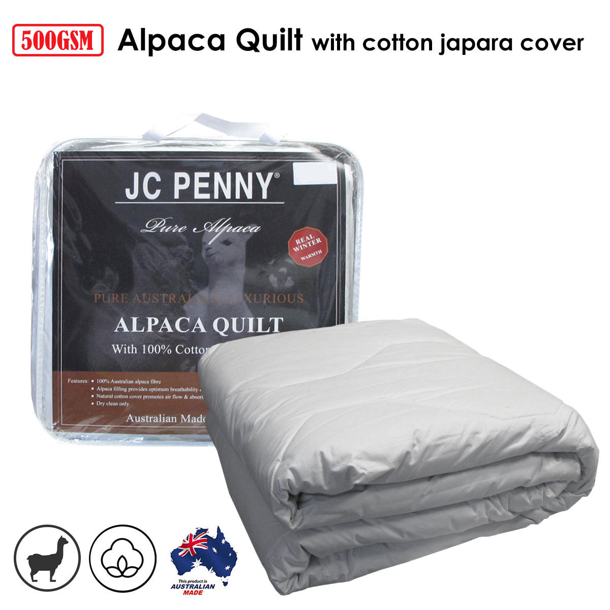 Australian Alpaca Quilt with Cotton Japara Cover – 500GSM, Single