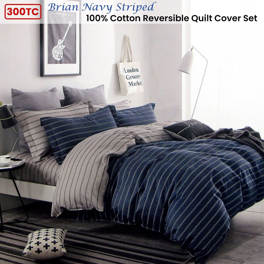 Brian Reversible Cotton Quilt Cover Set – Navy, Queen
