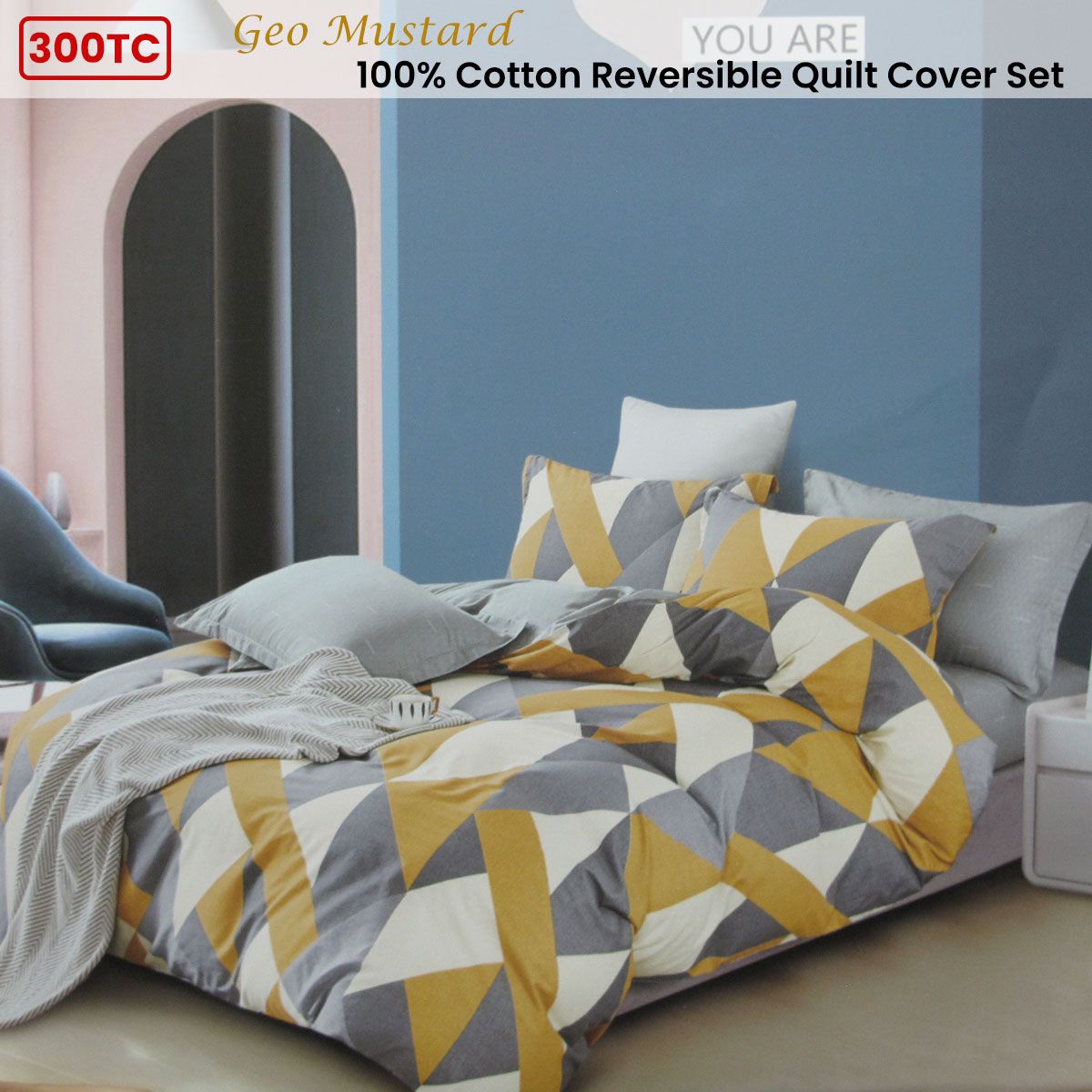 Geo Mustard Reversible Cotton Quilt Cover Set – Queen
