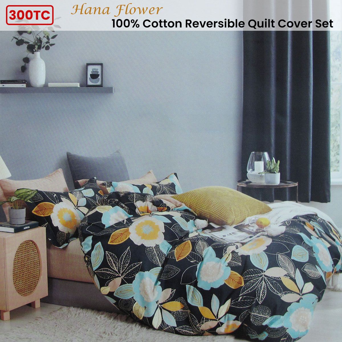 Hana Flower 300TC Reversible Cotton Quilt Cover Set – Double