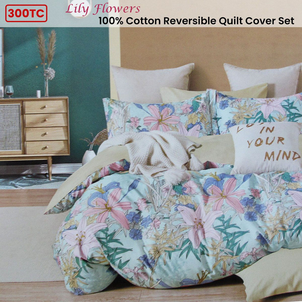 Lily Flowers Reversible Cotton Quilt Cover Set – Queen