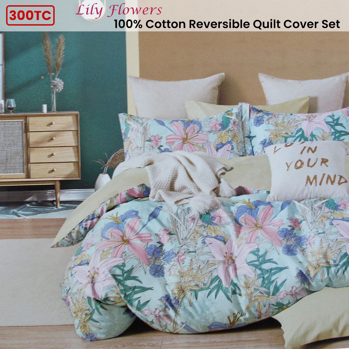 Lily Flowers Reversible Cotton Quilt Cover Set – Queen