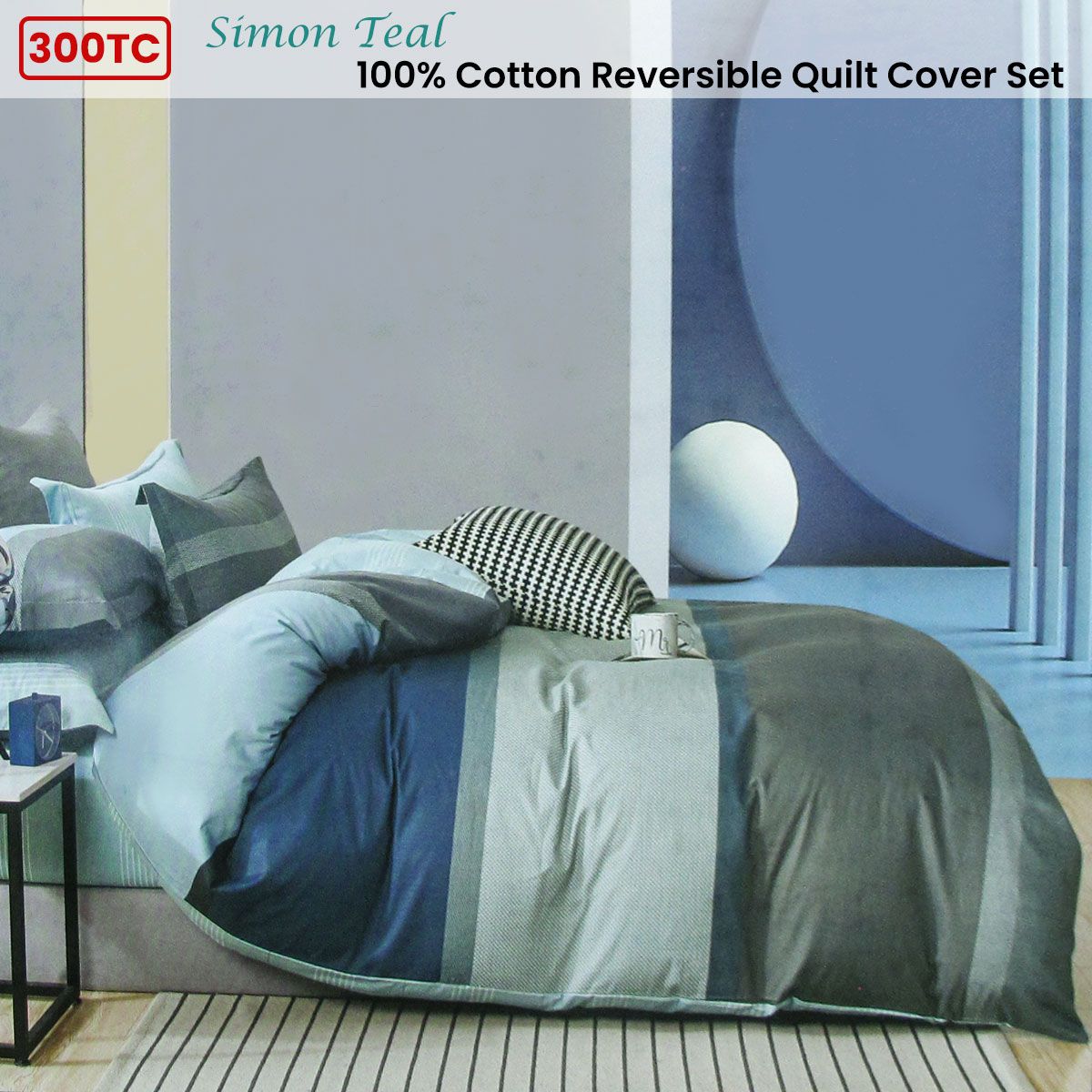 Simon Teal Reversible Cotton Quilt Cover Set – Queen