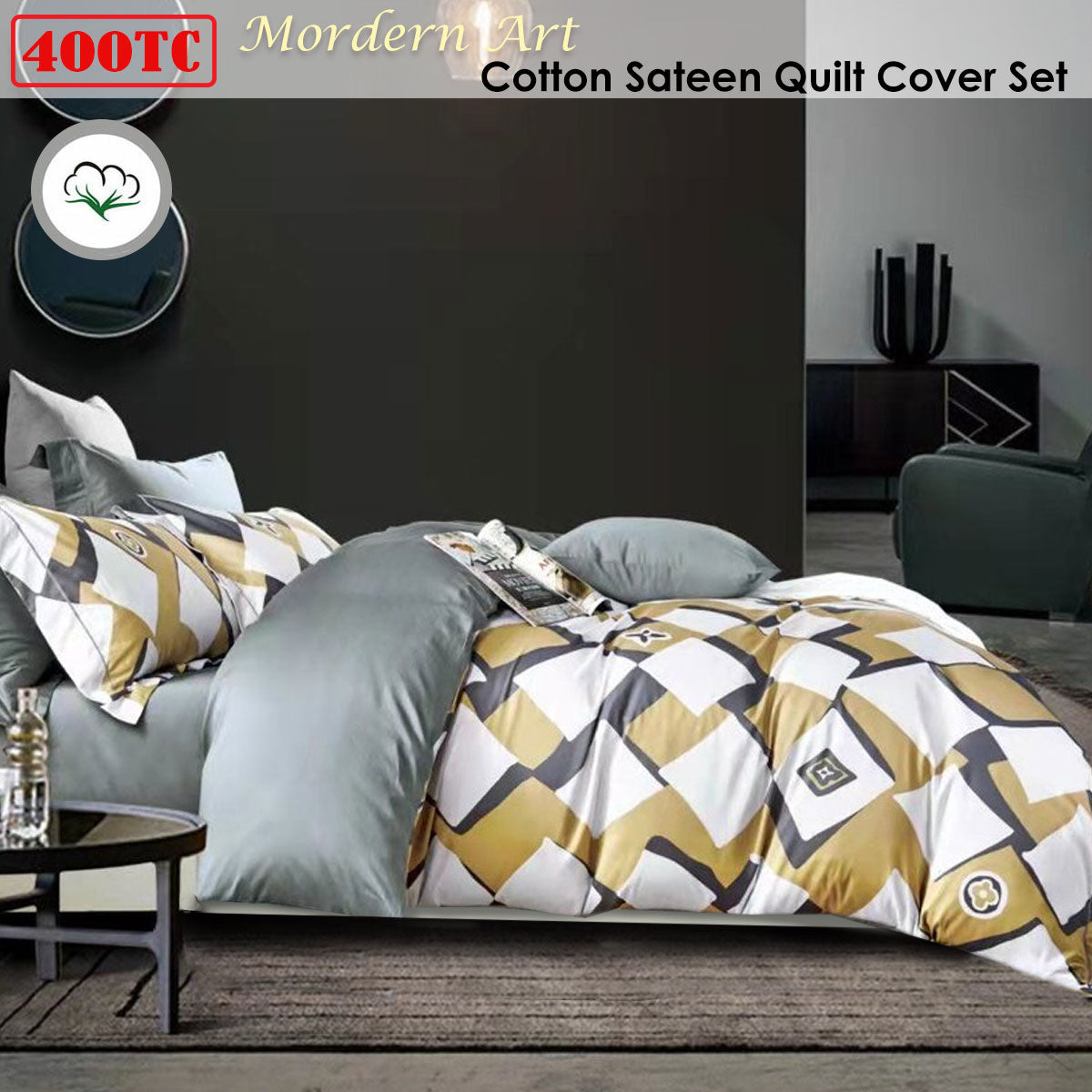 400TC Cotton Sateen Quilt Cover Set – Modern Art, King