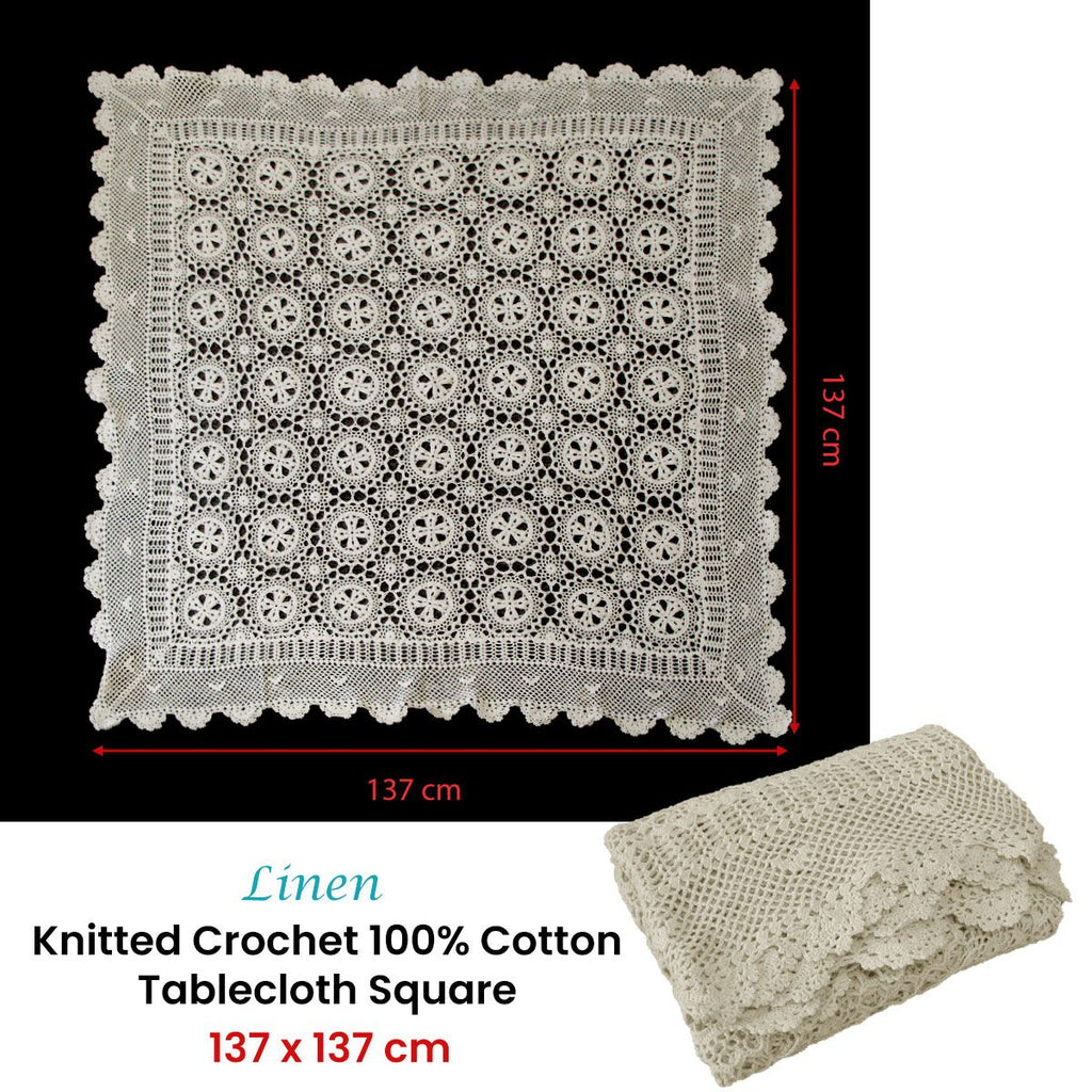 Linen Crochet Cotton Tablecloth – 137 × 137cm