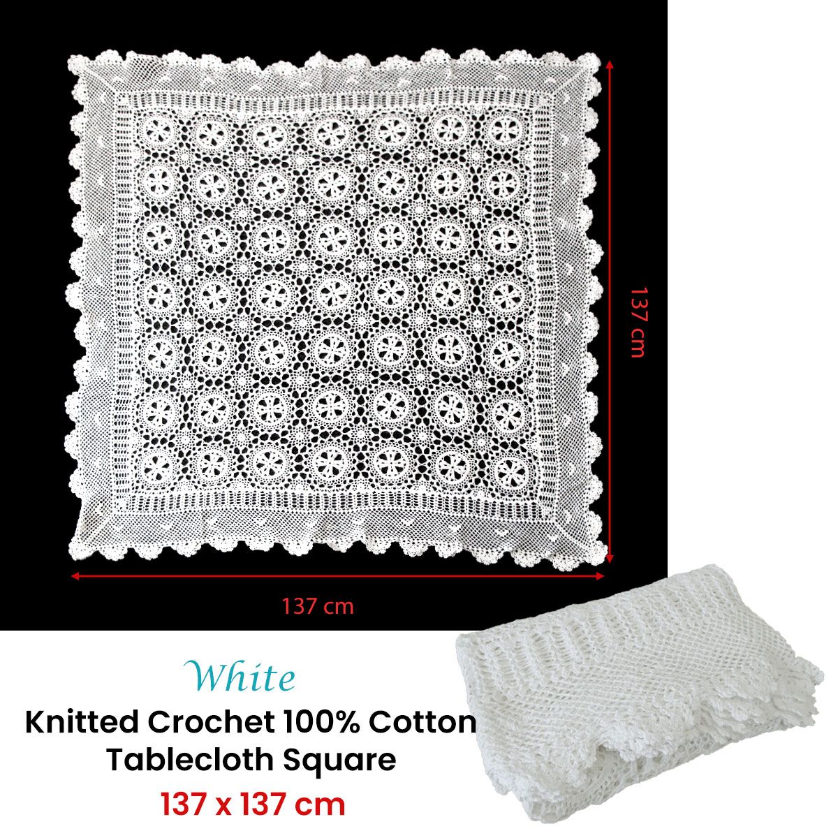 White Crochet Cotton Tablecloth – 137 × 137cm