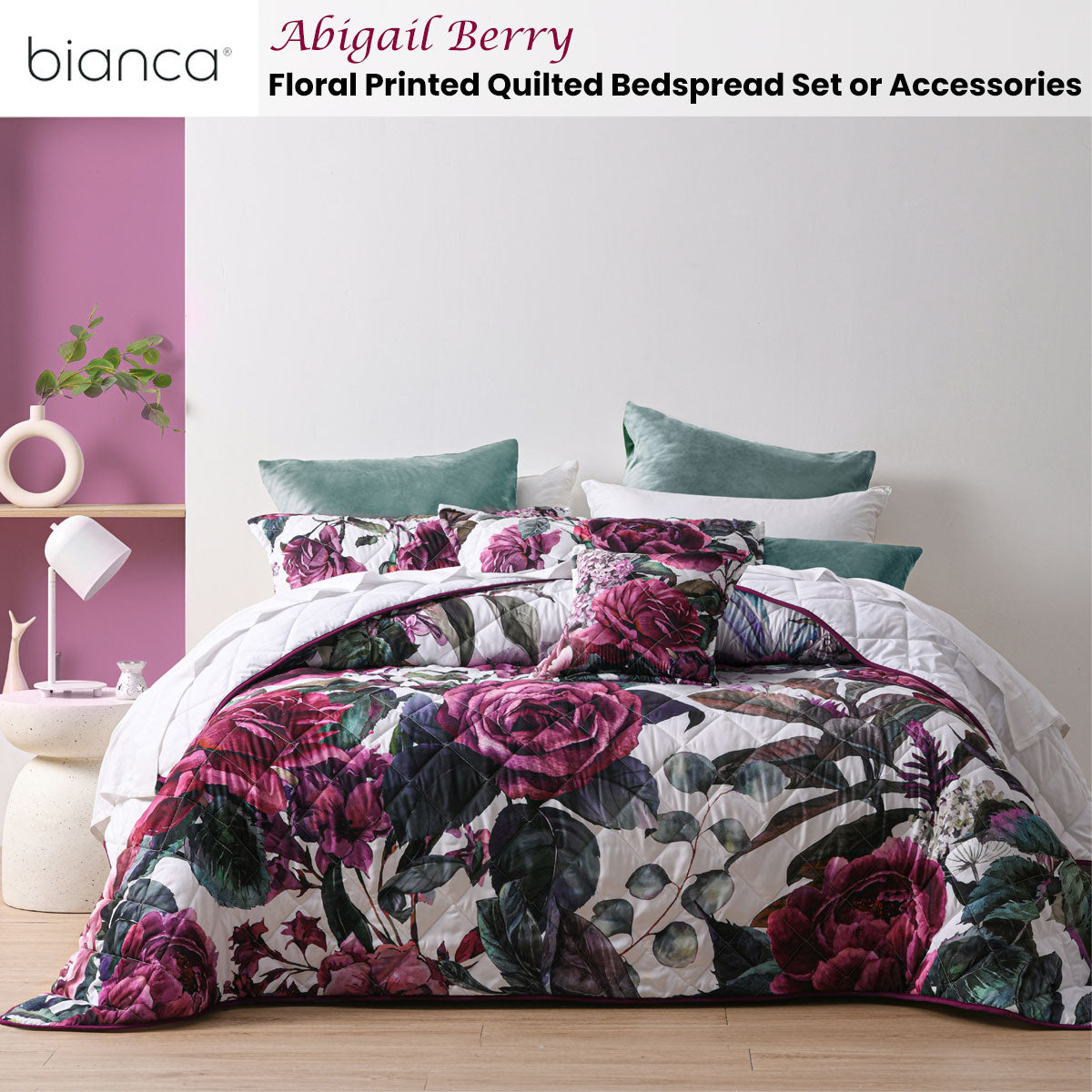 Bianca Abigail Floral Quilted Bedspread Set – Berry, King