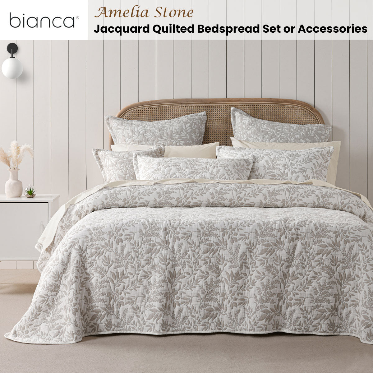 Bianca Amelia Foliage Bedspread Set – Stone, Super King
