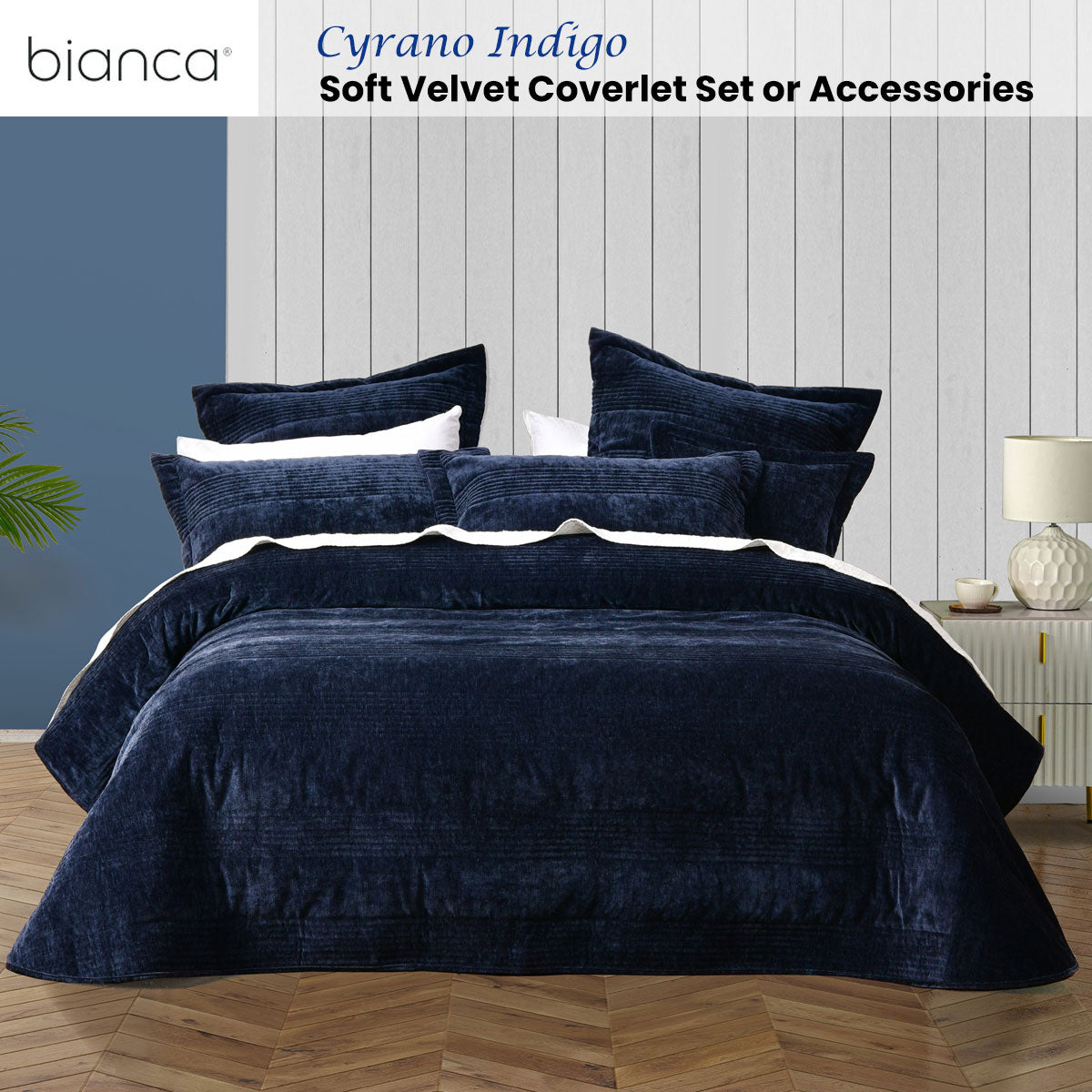 Bianca Cyrano Velvet Quilted Coverlet Set – Indigo, Super King