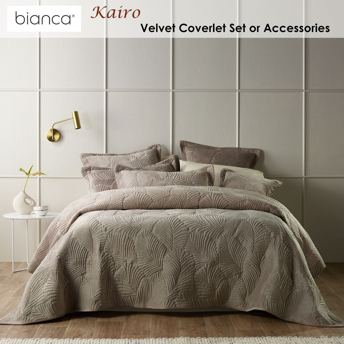 Bianca Kairo Velvet Leaf Coverlet Set – Taupe, Queen/King