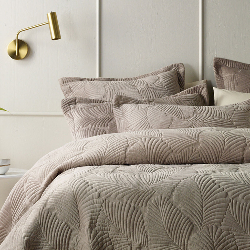 Bianca Kairo Velvet Leaf Coverlet Set – Taupe, Queen/King