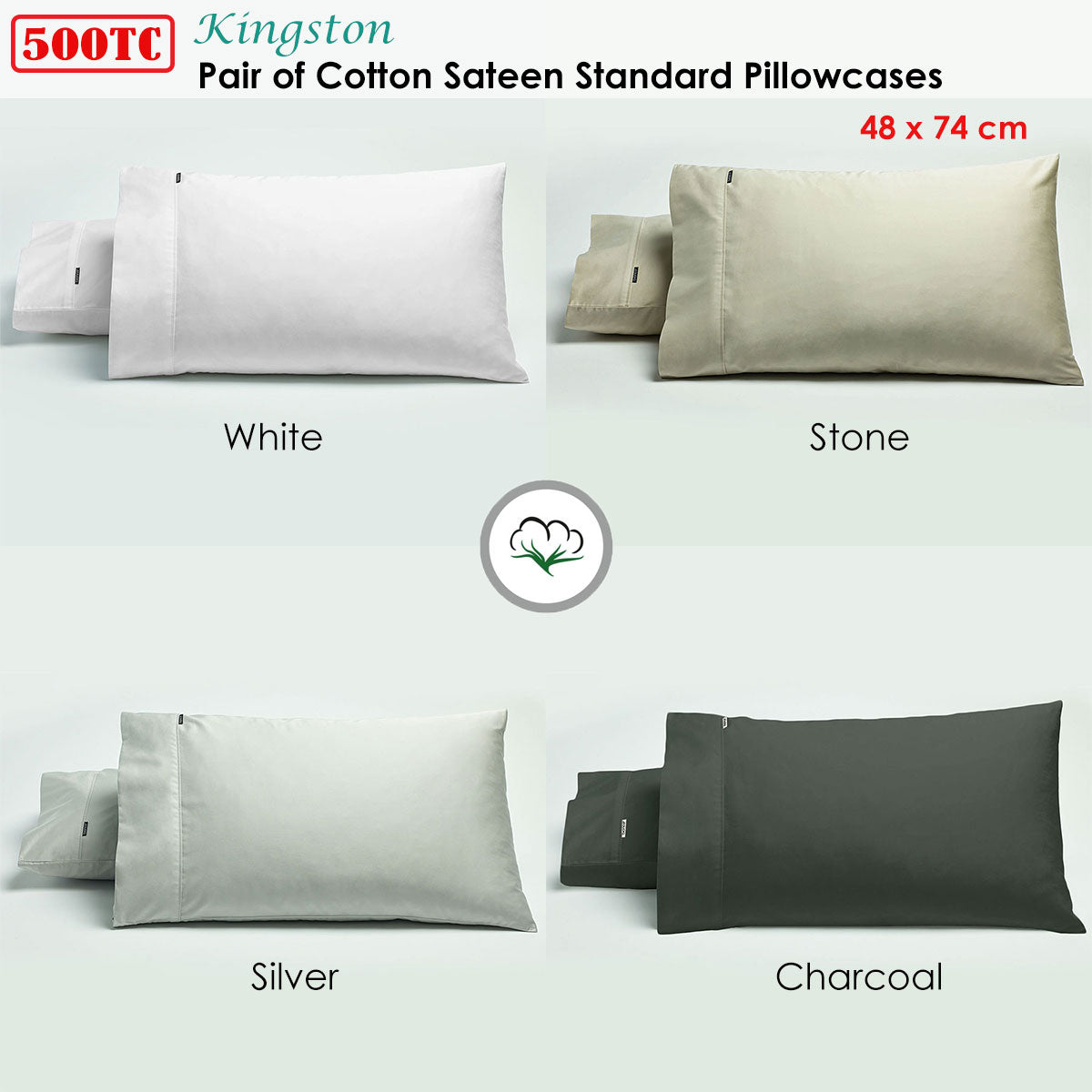 Bianca 500 Thread Count Cotton Sateen Pillowcase Pair – Charcoal