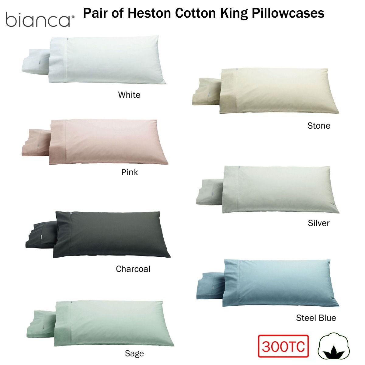 Bianca Heston 300 Thread Count Cotton Percale King Pillowcase Pair – Charcoal