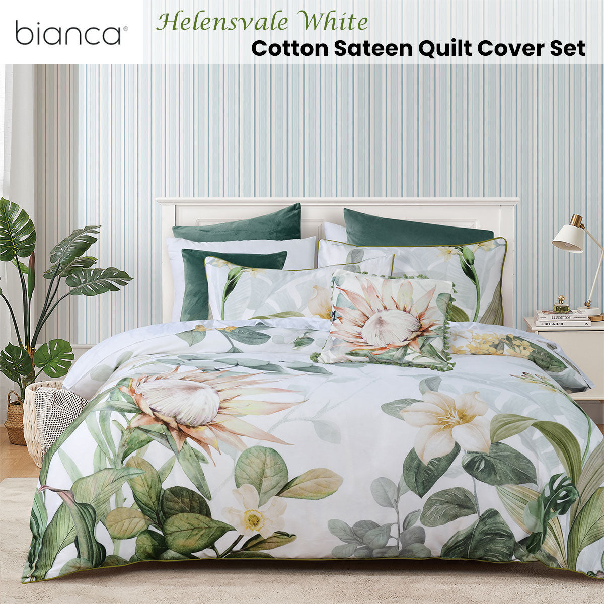 Bianca Helensvale Cotton Sateen Quilt Cover Set – White, Queen