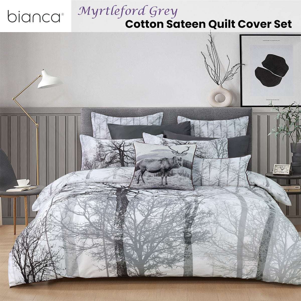 Bianca Myrtleford Cotton Sateen Quilt Cover Set – Grey, Queen