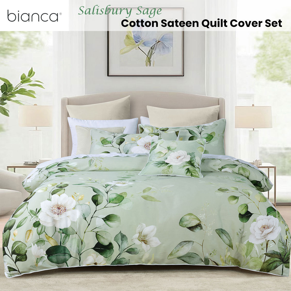 Bianca Salisbury Cotton Sateen Quilt Cover Set – Sage, King