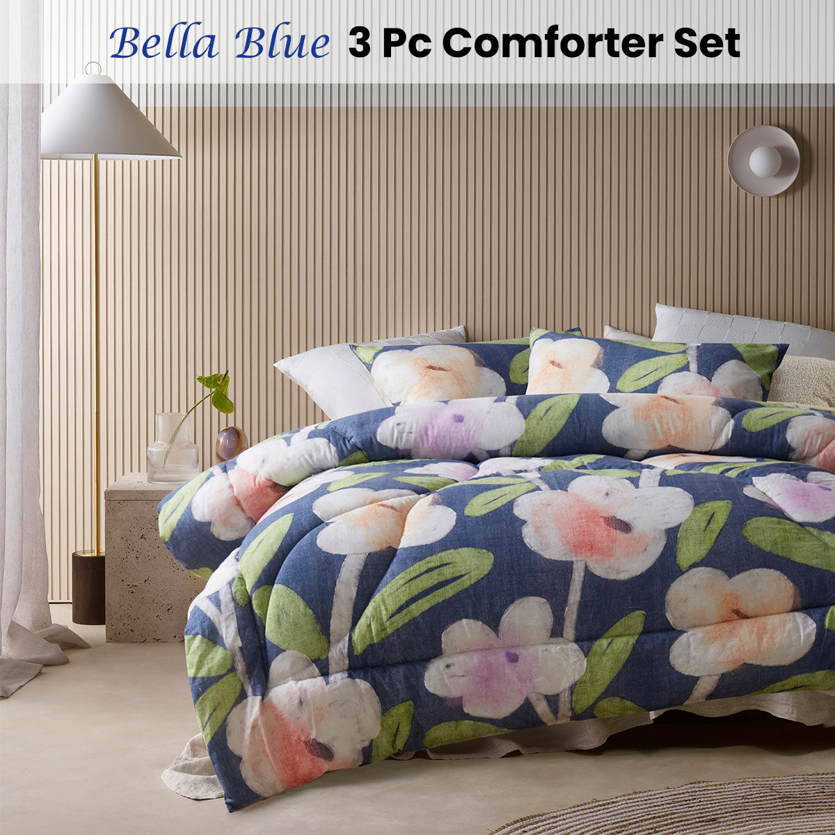 Accessorize Bella Blue Cotton Floral Comforter Set – Double, 3 Piece